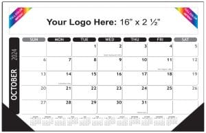 DP-205 12 month, 17” x 12” full color imprint desk pad. Top glue-bound with a chipboard backer. Features a full year-at-a-glance on the bottom, black corners, and U.S. holidays.