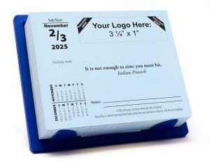 DT-203 The daily-date, tear-off calendar is padded and adhered to your choice of color polypropylene stand. A different positive quote for each date in the year is printed in the middle of the calendar. It also includes standard U.S. holidays and the current and next month mini-calendar references. Saturday and Sunday each week are combined for a total page count of 314.
