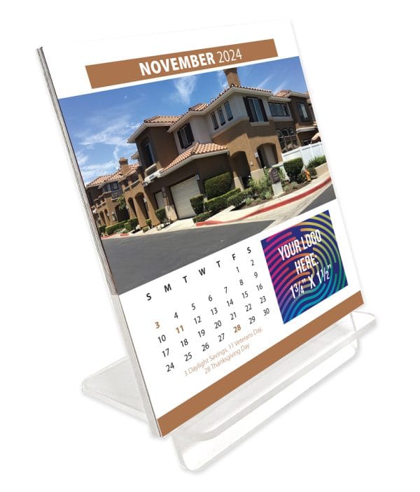 MA-450 12 loose monthly sheets plus a cover with your own custom picture every month. The loose sheets lay flat against the assembled stand. Each page comes with a full color imprint and U.S. or Canadian holidays. The calendar is individually shrink-wrapped.