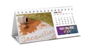 MF-275 Mini tent-style calendar with the recipient’s name personalized in every picture and full color imprint.