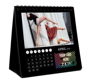 MF-550 Square tent-style calendar with your own custom picture every month and full color imprint. Calendar prints two-sided on a black background and is attached with black metal twin-loop binding to a black tent-style stand.
