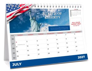 MF-901 desk calendar July page featuring the Statue of Liberty and full-color imprint area
