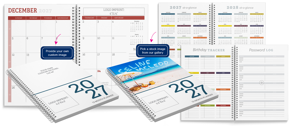 Custom monthly planners with personalized name image or custom cover artwork options