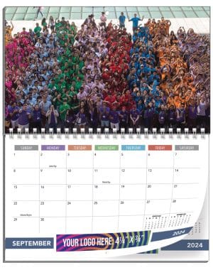 WC-821 Mini size, middle twin-loop bound wall calendar (8 1/2” x 11” open) with your own custom picture every month. Features a full color imprint on every sheet, previous and next month previews, and U.S. or Canadian holidays.