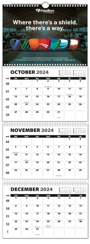 Four panel wall calendar with your custom full color photo/artwork on top panel and grayscale tear-off calendar pads. Calendar can begin any month and run for 12 months. Features 3 full view months, U.S. or Canadian holidays, and week numbers. Metal hanger is attached to top panel for hanging.